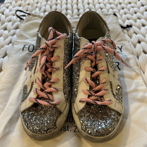 Golden Goose Silver Glitter Sneakers with Pink Laces